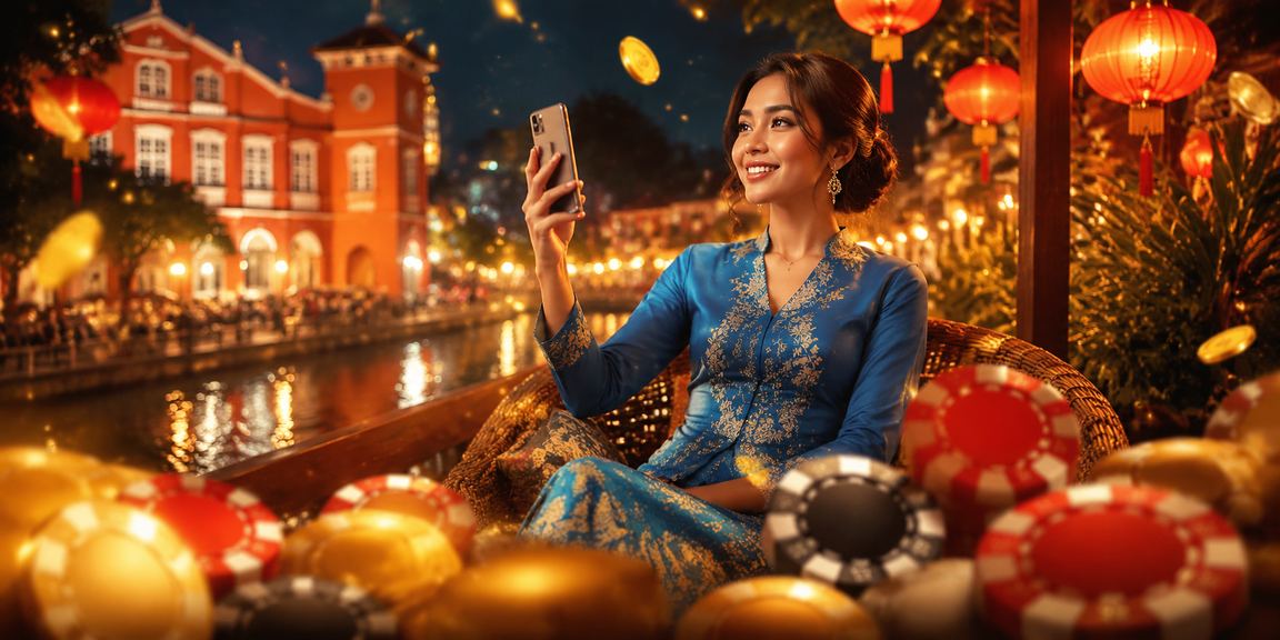 Wanita bermain baccarat melalui telefon pintar di Melaka dengan pakaian tradisional
